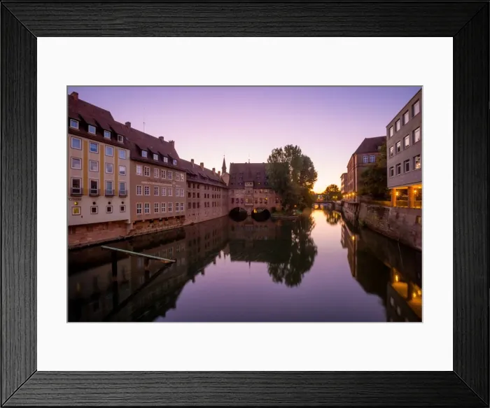 Framed Print : Sunrise View of Pegnitz River and the Hospice of the Holy Spirit (Heilig-Geist-Spital), Nuremberg, Middle Franconia, Bavaria, Germany