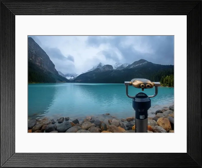 Framed Print : View of Lake Louise with a Telescope in the Foreground, Alberta, Canada Framed Print : View of Lake Louise with a Telescope in the Foreground, Alberta, Canada