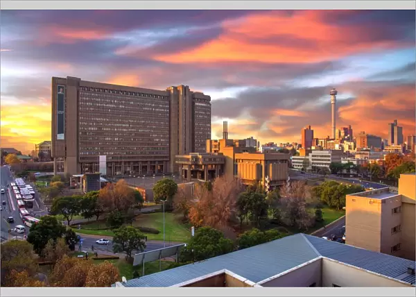 Sunset View of City Council Building and Hillbrow Tower (JG Strijdom Tower), Johannesburg, Gauteng, South Africa