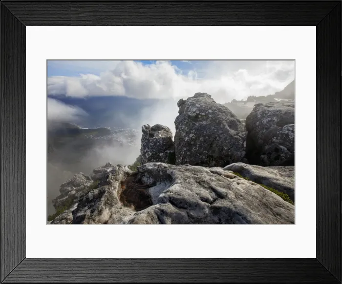 Framed Print : View of Table Bay with Passing Clouds and a Rock Pool and Some Rock Formations in the Foreground From The Top of Table Mountain, Cape Town, South Africa
