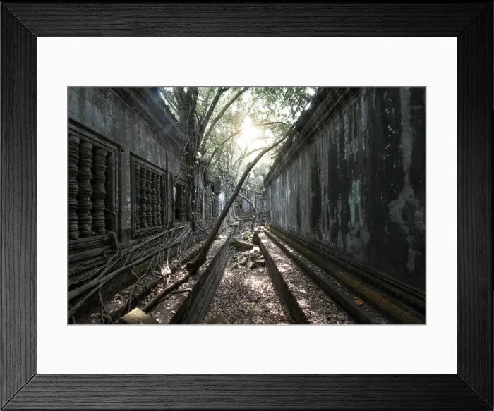 Framed Print : Trees and Thick Brush Consuming the Remaining Walls and Windows at the Unrestored Beng Mealea Temple, Angkor, Cambodia