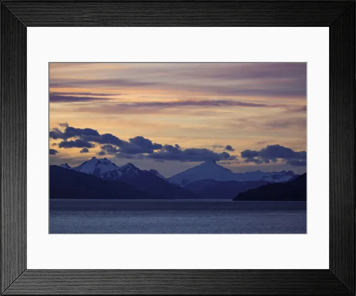 Framed Print : Sunset with Mountain Ranges Along Strait of Magellan, in South Americas Southern Tip Framed Print : Sunset with Mountain Ranges Along Strait of Magellan, in South Americas Southern Tip
