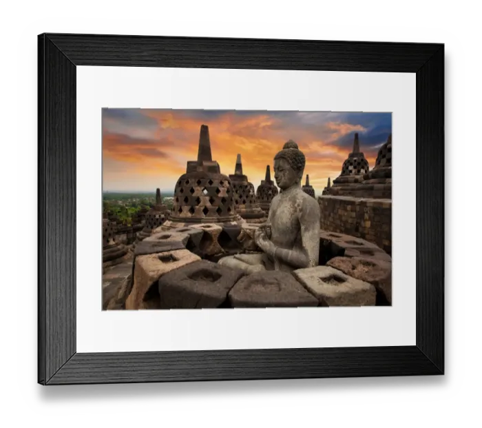 Framed Print : Sunrise with a Buddha Statue with the Hand Position of Dharmachakra Mudra in Borobudur, Magelang, Central Java, Indonesia Framed Print : Sunrise with a Buddha Statue with the Hand Position of Dharmachakra Mudra in Borobudur, Magelang, Central Java, Indonesia