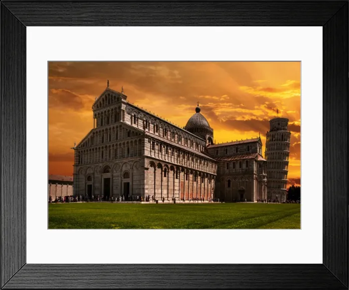 Framed Print : View of Pisa Cathedral with the Leaning Tower of Pisa in Piazza dei Miracoli, Tuscany, Italy