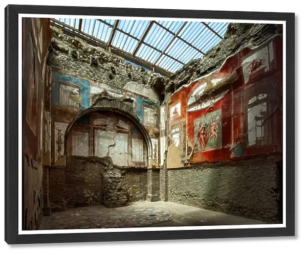 Painted Murals And Frescoes Inside A Room At The Ancient Roman Ruins At Herculaneum (Ercolano), Campania, Italy