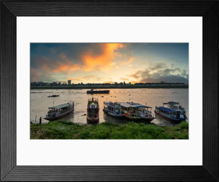Framed Print : Sunrise View of Mekong River with Passenger Ferries at Siem Reap, Cambodia