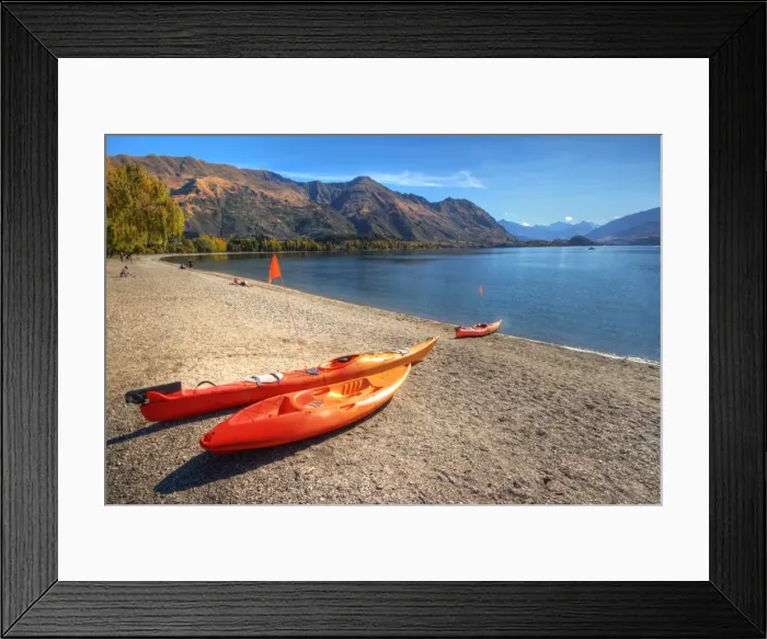 Framed Print : Orange boats on beach at Lake Wanaka Framed Print : Orange boats on beach at Lake Wanaka
