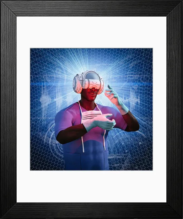 Framed Print : access, ar, augmented reality, beaming, blue background, close up, color image, communication Framed Print : access, ar, augmented reality, beaming, blue background, close up, color image, communication