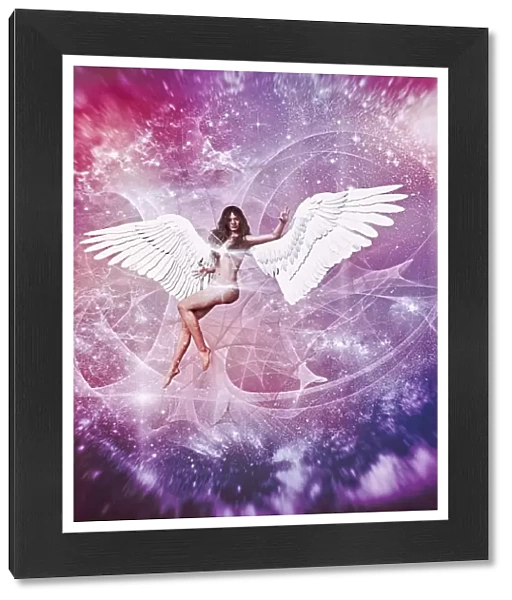 Naked woman with angel wings flying in purple sky