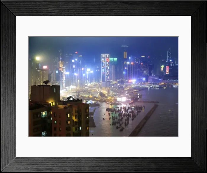 Framed Print : Hong Kong and Victoria harbor aerial view on a foggy night Framed Print : Hong Kong and Victoria harbor aerial view on a foggy night
