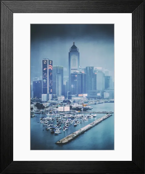Framed Print : Hong Kong and Victoria harbor aerial view on a foggy night Framed Print : Hong Kong and Victoria harbor aerial view on a foggy night