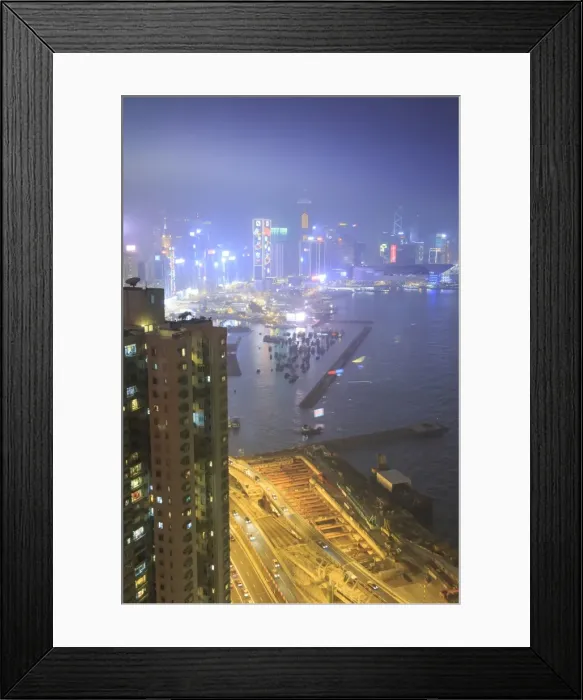 Framed Print : Hong Kong and Victoria harbor aerial view on a foggy night Framed Print : Hong Kong and Victoria harbor aerial view on a foggy night