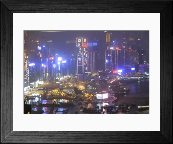 Framed Print : Hong Kong and Victoria harbor aerial view on a foggy night