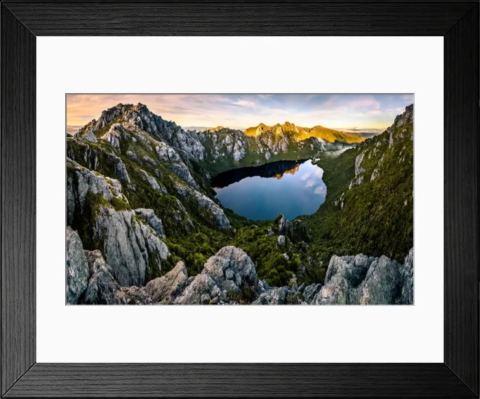 Framed Print : View of Lake Uranus from Pegasus South in Western Arthurs, Southwest Tasmania