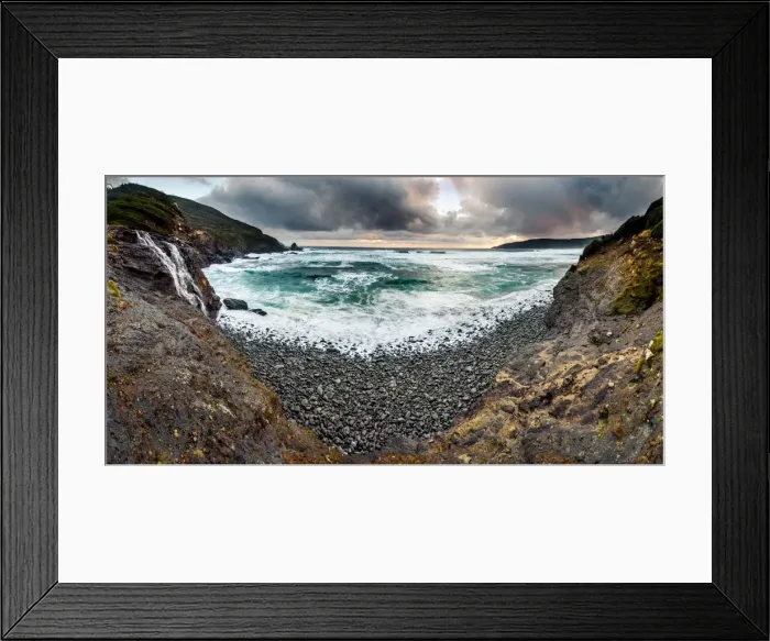 Framed Print : Granite beach waterfall at South Coast track, Southwest Tasmania