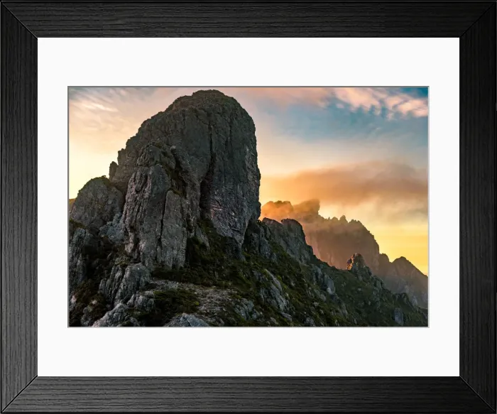 Framed Print : Sunset over mt. Hesperus in Western Arthur Range, Southwest Tasmania