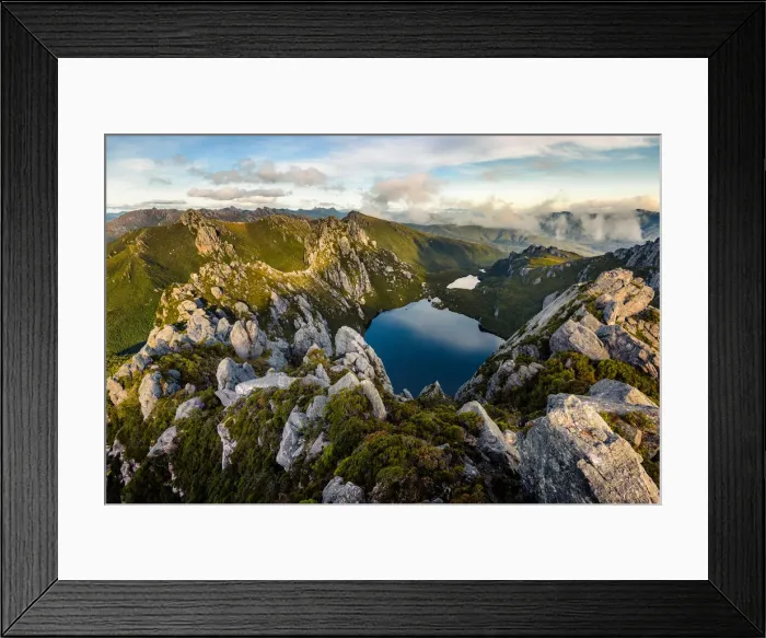 Framed Print : View of Lake Oberon Lake Uranus from mt Pegasus in Western Arthur Range, Southwest Tasmania