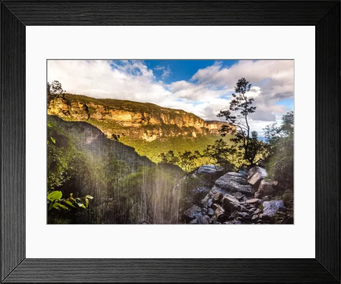 Framed Print : Behind the waterfall at Valley of the Waters in New South Wales Blue Mountains