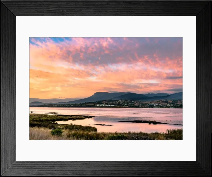 Framed Print : Sunrise over River Derwent. Huon valley, Hobart suburbs, Tasmania