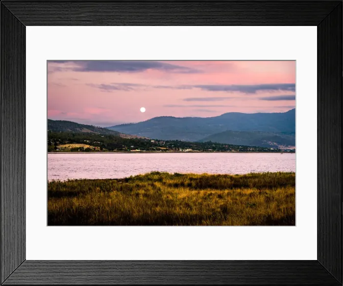 Framed Print : Sunset and moon rise over River Derwent. Huon valley, Hobart suburbs, Tasmania Framed Print : Sunset and moon rise over River Derwent. Huon valley, Hobart suburbs, Tasmania
