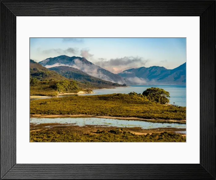 Framed Print : Morning fog over Lake Pedder, Southwest Tasmania Framed Print : Morning fog over Lake Pedder, Southwest Tasmania