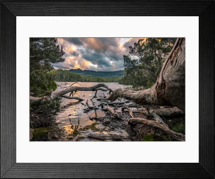 Framed Print : Sunset at Shadow Lake in Lake St Clair National Park, Tasmania