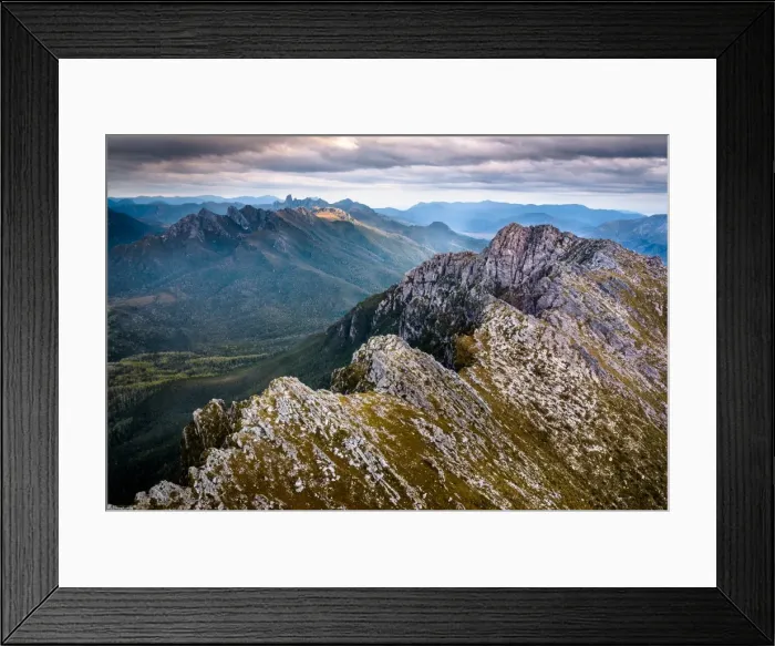 Framed Print : Aerial view to Federation Peak and Eastern Arthurs Range over West Portal in Southwest Tasmania