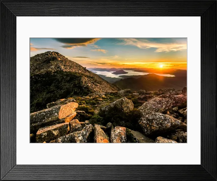 Framed Print : Sunset over Lake Pedder from the top of mt Anne in Southwest Tasmania