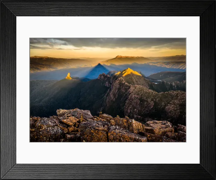 Framed Print : Sunset at the top of mt Anne in Southwest Tasmania. View to Lots Wife and Lighting Ridge