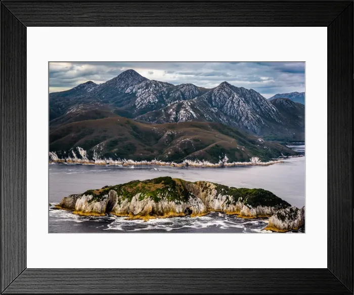 Framed Print : Breaksea Islands, Mt Rugby and Bathurst Harbour, Tasmania
