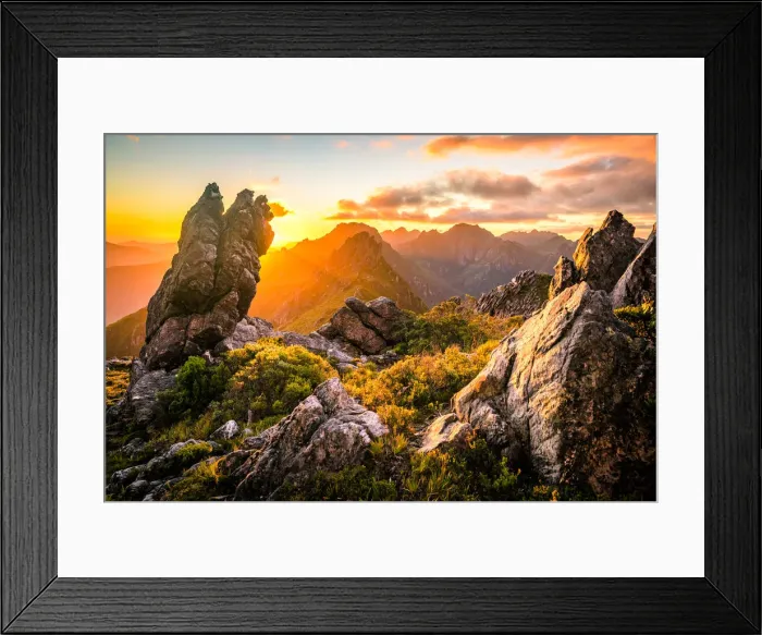 Framed Print : Sunset at West Portal and view towards Western Arthurs Range, Southwest Tasmania