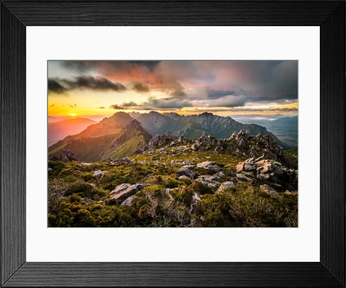 Framed Print : Sunset at West Portal and view towards Western Arthurs Range, Southwest Tasmania Framed Print : Sunset at West Portal and view towards Western Arthurs Range, Southwest Tasmania