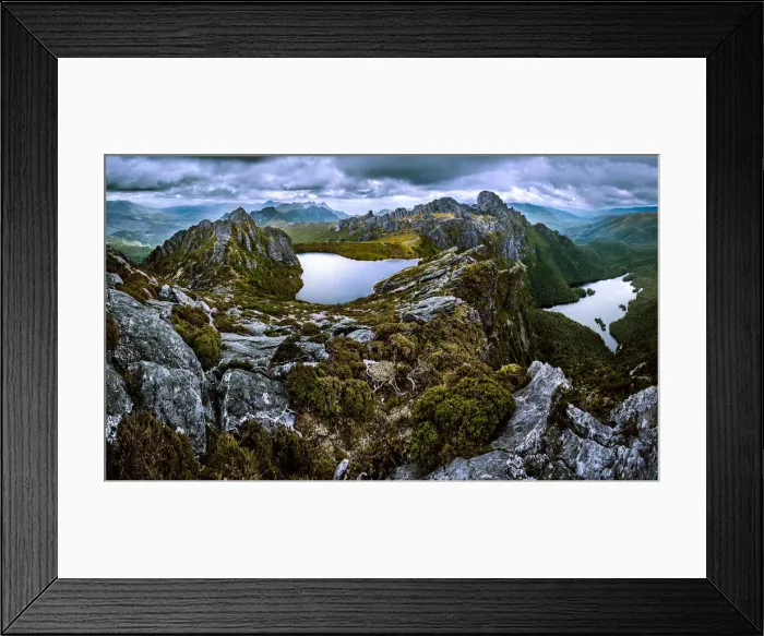 Framed Print : View of Eastern Arthurs Range, Lake Geeves and Hanging Lake from Geeves Bluff in Southwest Tasmania Framed Print : View of Eastern Arthurs Range, Lake Geeves and Hanging Lake from Geeves Bluff in Southwest Tasmania