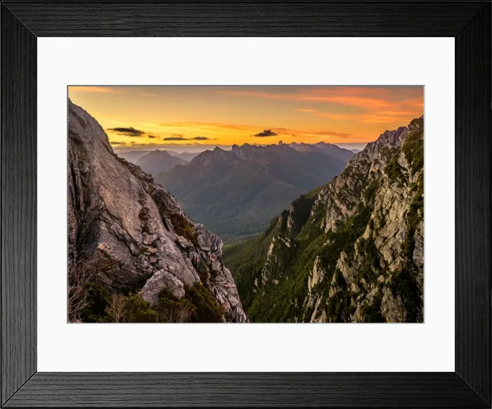 Framed Print : Sunrise over Eastern Arthurs in Western Arthurs Range, Southwest Tasmania