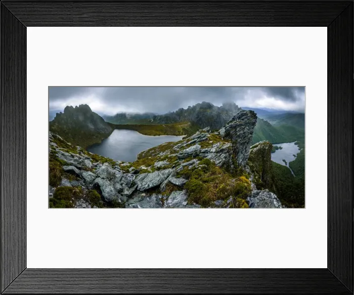 Framed Print : View of Eastern Arthurs Range, Lake Geeves and Hanging Lake from Geeves Bluff in Southwest Tasmania