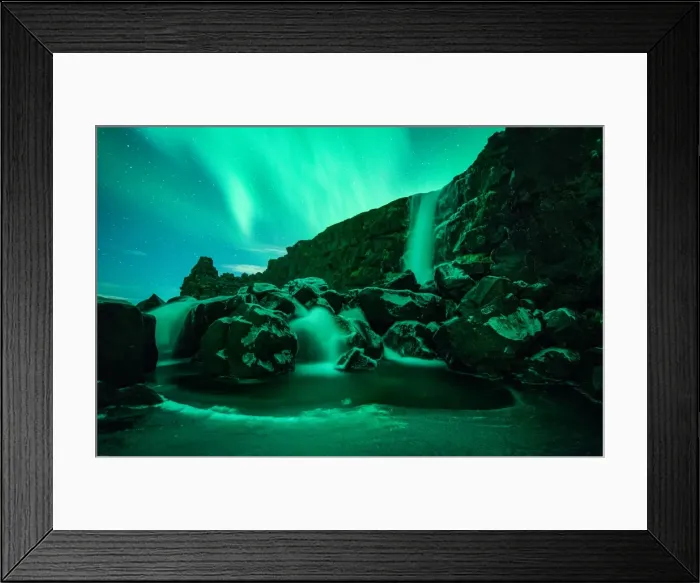 Framed Print : Aurora above Oxarfoss