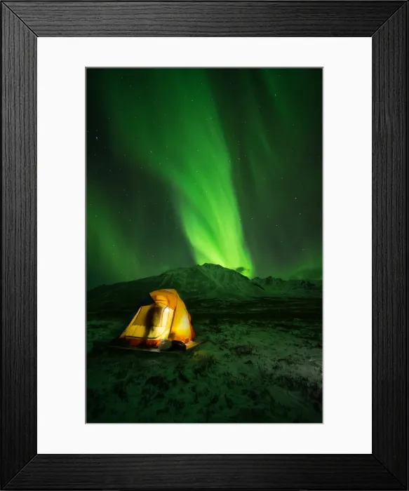 Framed Print : Blow. Aurora Borealis at tombstone mountain with people camping