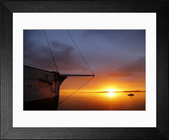 Framed Print : Wooden sailing boat and sunrise Framed Print : Wooden sailing boat and sunrise