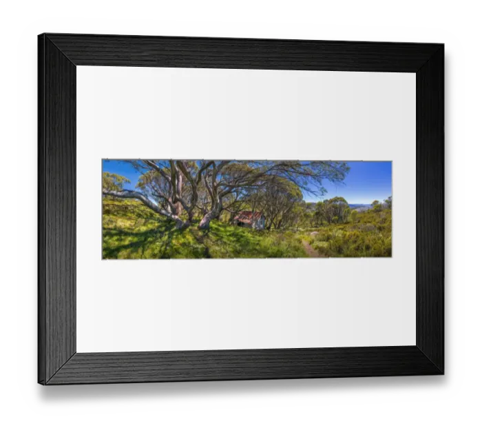 Framed Print : Panorama of the historic Cope Hut in the Alpine mountainous region of north east Victoria, Australia Framed Print : Panorama of the historic Cope Hut in the Alpine mountainous region of north east Victoria, Australia