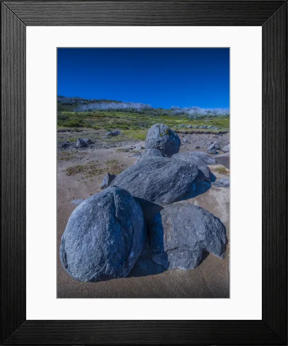 Framed Print : Lake shoreline near Falls creek in the Alpine region of north east Victoria, Australia