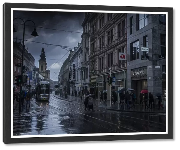 A wet and rainy day in the city streets of Linz, Upper Austria