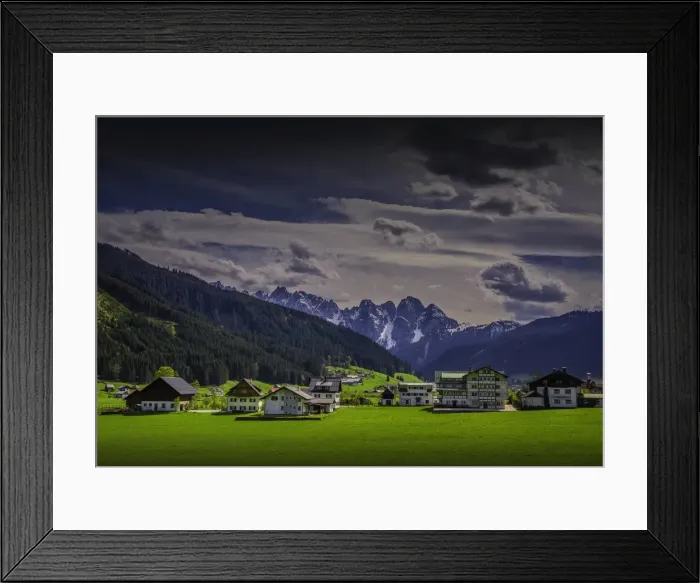 Framed Print : Alpine meadows and traditional buildings near Hallstatt, in the mountainous region of Salzkammergut, Austria Framed Print : Alpine meadows and traditional buildings near Hallstatt, in the mountainous region of Salzkammergut, Austria