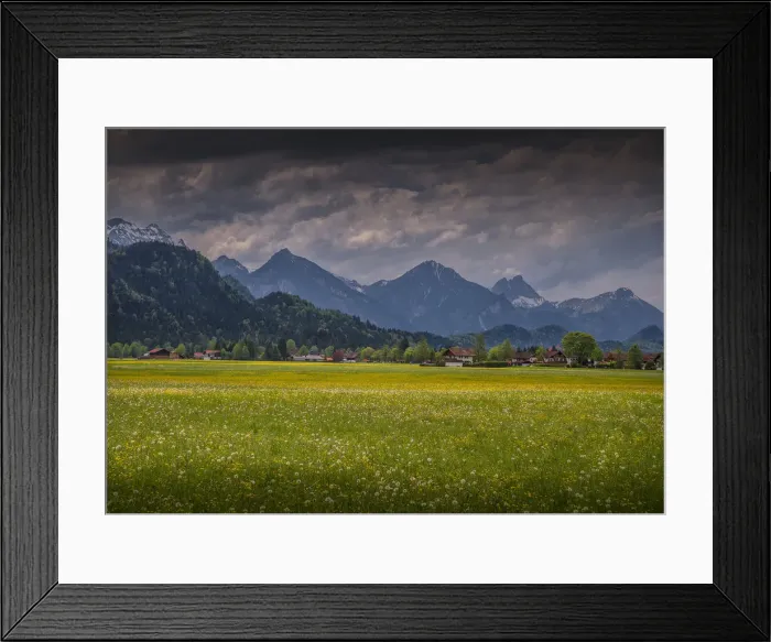 Framed Print : Scenic view of farmland and mountains, Neuschwantein, Bavaria, Germany