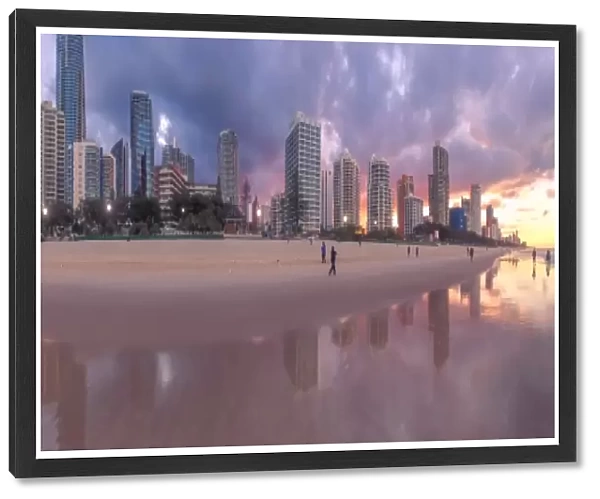 Surfers Paradise skyline at sunset with dramatic sky