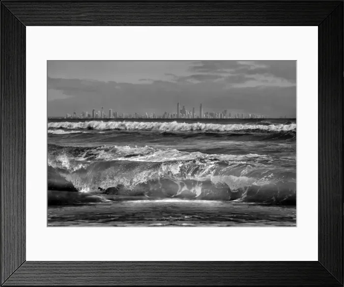 Framed Print : Gold Coast skyline with crashing wave