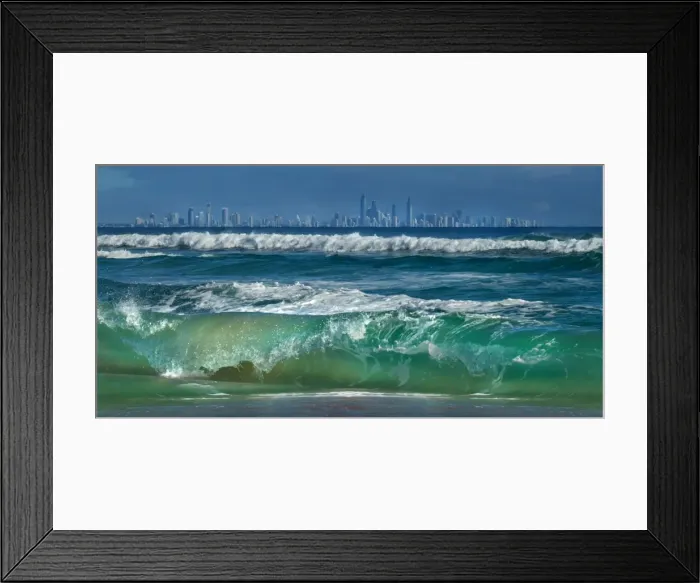 Framed Print : Gold Coast skyline with crashing wave