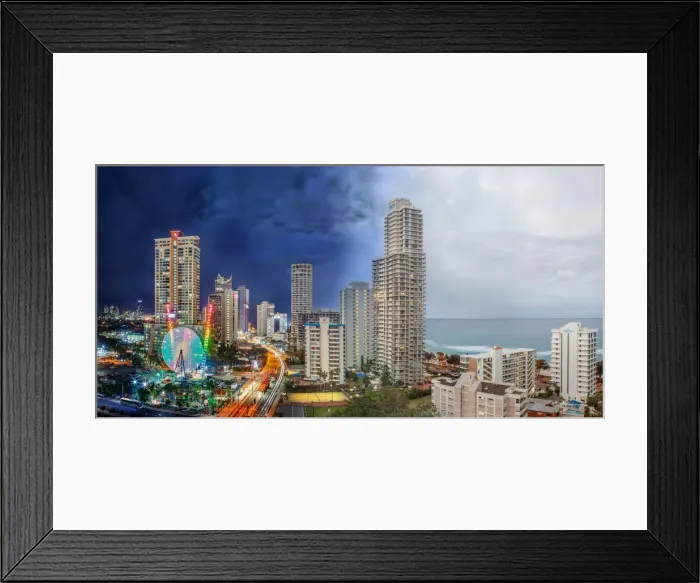 Framed Print : Gold Coast skyline night and day