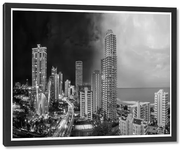 Gold Coast skyline night and day in black and white