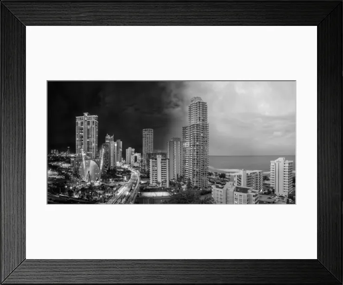 Framed Print : Gold Coast skyline night and day in black and white Framed Print : Gold Coast skyline night and day in black and white