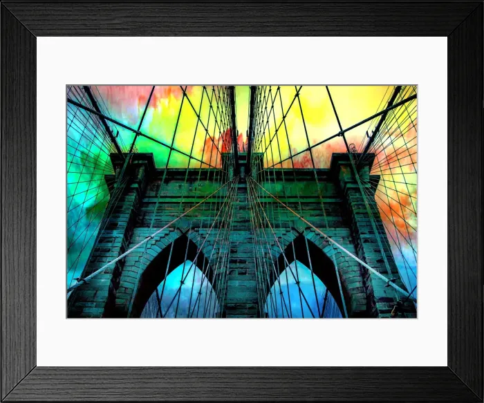 Framed Print : Brooklyn Bridge architecture in rainbow colors